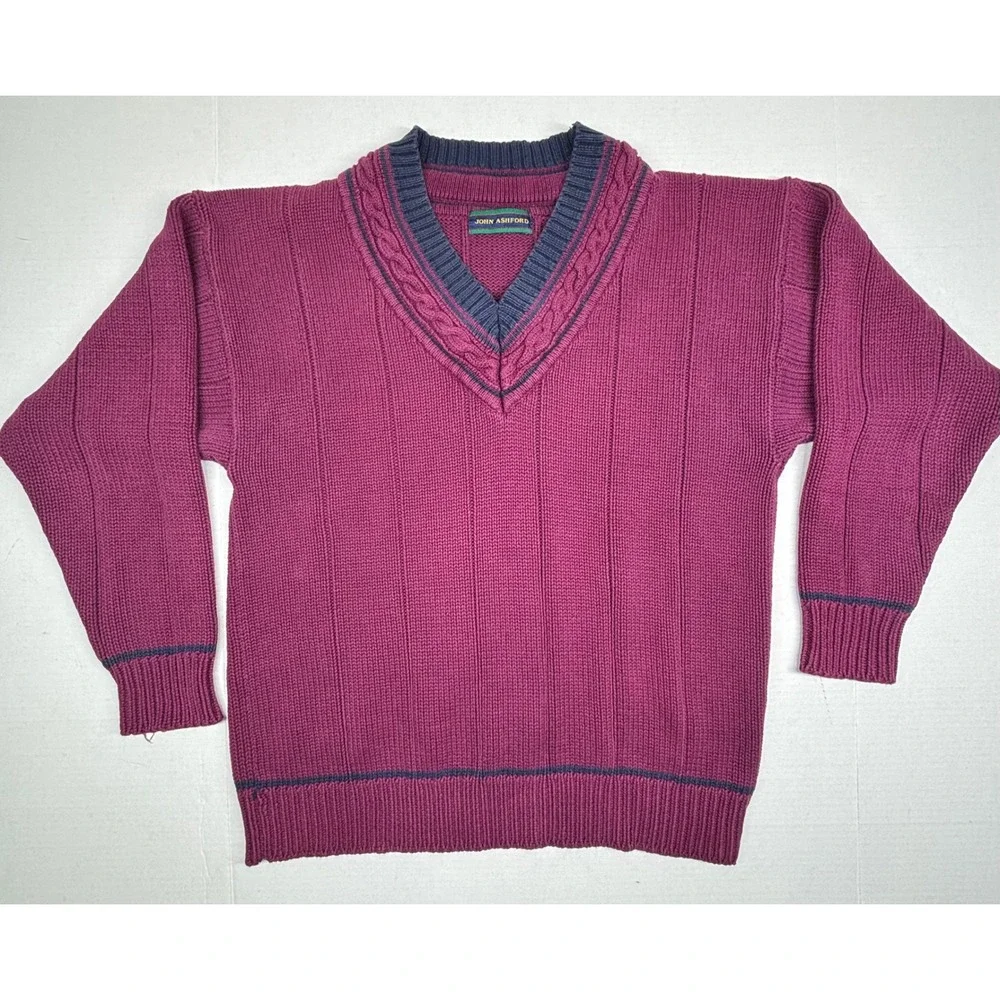 VTG John Ashford Mens Medium Cable Knit Sweater Burgundy V Neck Tennis Cotton EC